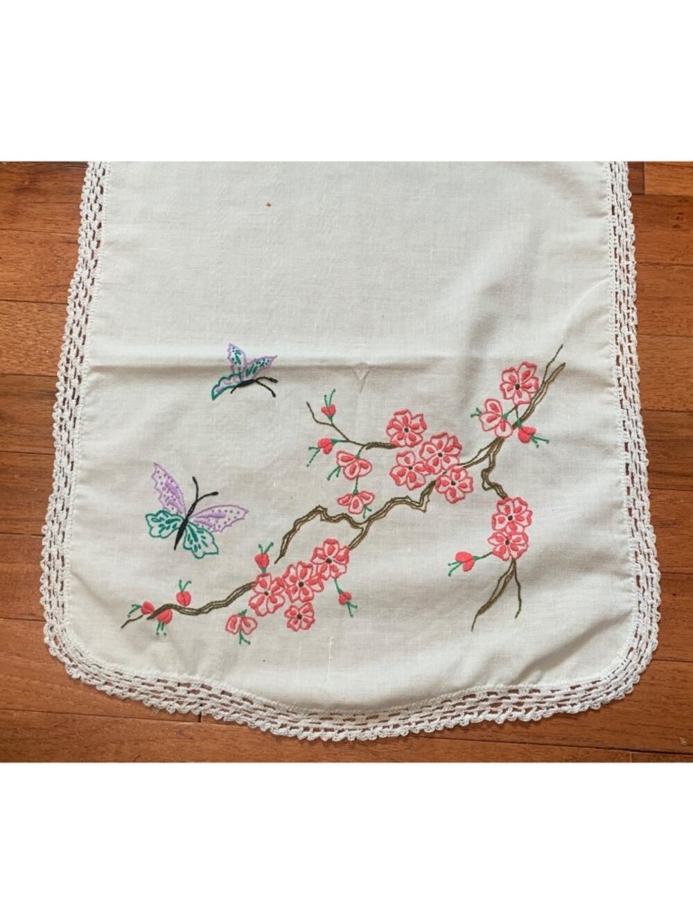 Hand Embroidered Flower Tree Table Runner Butterflies 16x42' Vintage